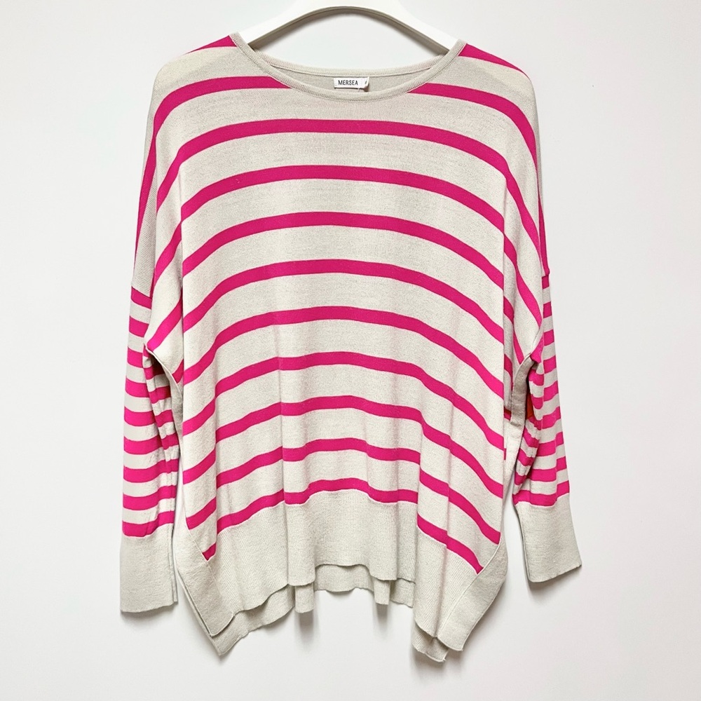 Mersea Amour Sweater Heart Patch Pink Stripe OS Soft Knit Preppy Valentines Day